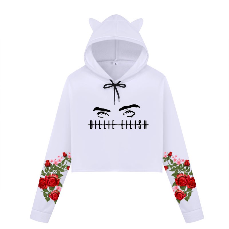 Blusa Cropped de Moletom Manga Flores Vermelhas Billie Elish Olhos A395