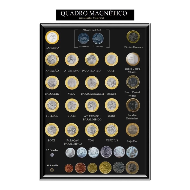Quadro Album Expositor Magnético Porta Coleção Moedas Comemorativas Do Plano Real Olimpiadas RIo 2016 Jogos Olimpicos Direitos humanos Bandeira Casal FAO JK Banco central 40 e 50 anos Juscelino Kubitscheck Entrega da bandeira Beija Flor Colecionador prese