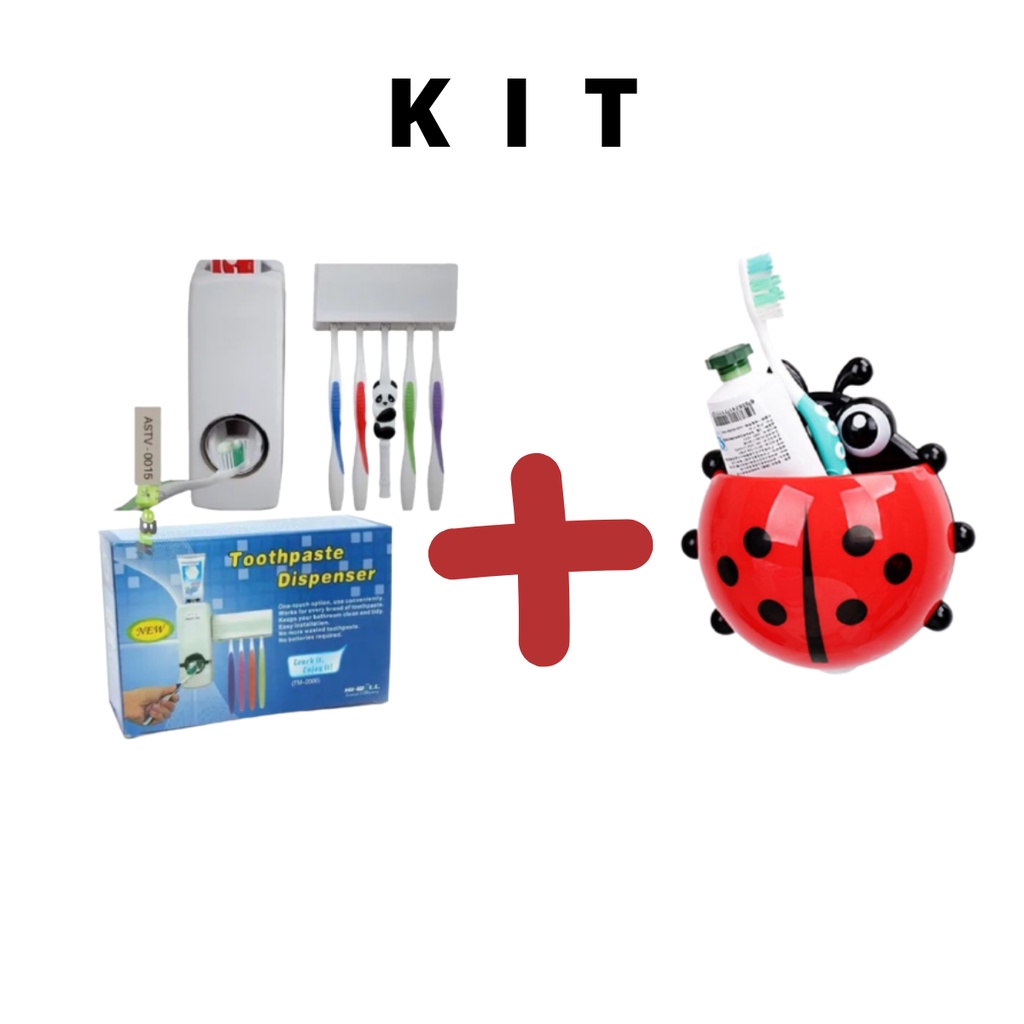 Dispenser de Pasta de Dente com Suporte + Suporte de Escova de Dente Infantil Joaninha