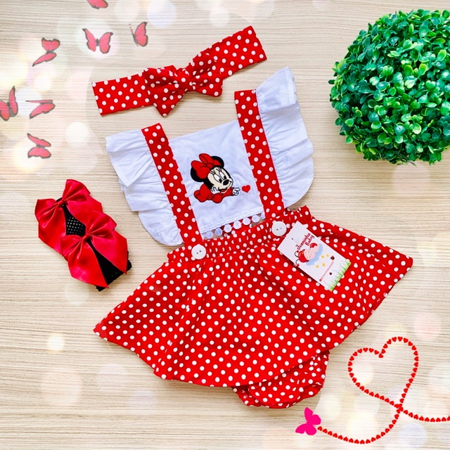 Jardineira Minnie Baby Vermelho Menina Bebe + faixinha de cabelo em Oferta na Shopee