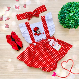 Jardineira Minnie Baby Vermelho Menina Bebe + faixinha de cabelo em Oferta na Shopee