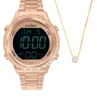 Kit Relógio Digital Feminino Condor e Colar Ponto De Luz Amoeto Banhado a Ouro