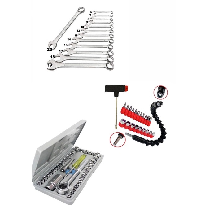 🔥PROMOÇÃO🔥 Jogo Kit de Chaves Combinadas Boca Estrela 13 peças + Kit 21 pcs Extensão/Eixo/Braço/Prolongado Flexivel 1/4 30cm + Extensor Chave T Bits em geral +Jogo de Soquete Catraca Reversível 40 Peça