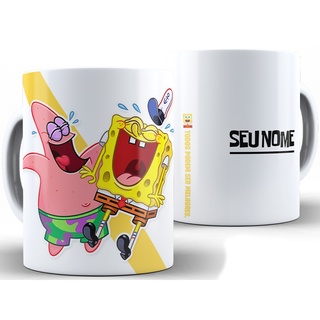 Caneca Bob Esponja Personalizada Com Nome + Caixa - Xícara 325ML Porcelana Super Branca Cerâmica Patrick