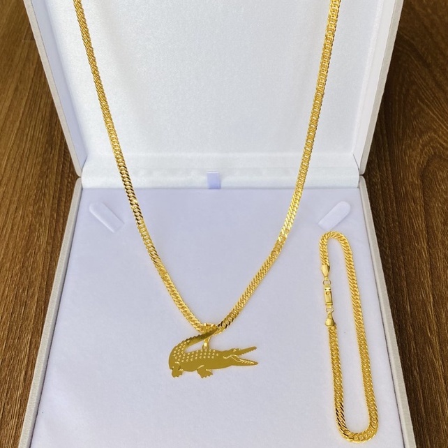 Kit Conjunto Masculino Jacaré Cordão Corrente + Pulseira e Pingente Banhada a Ouro 18k