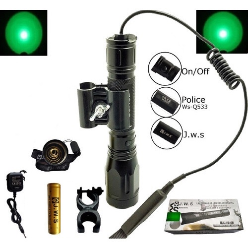 Lanterna Tatica Para Caça Led Verde Com Acionador / Suporte / Bateria