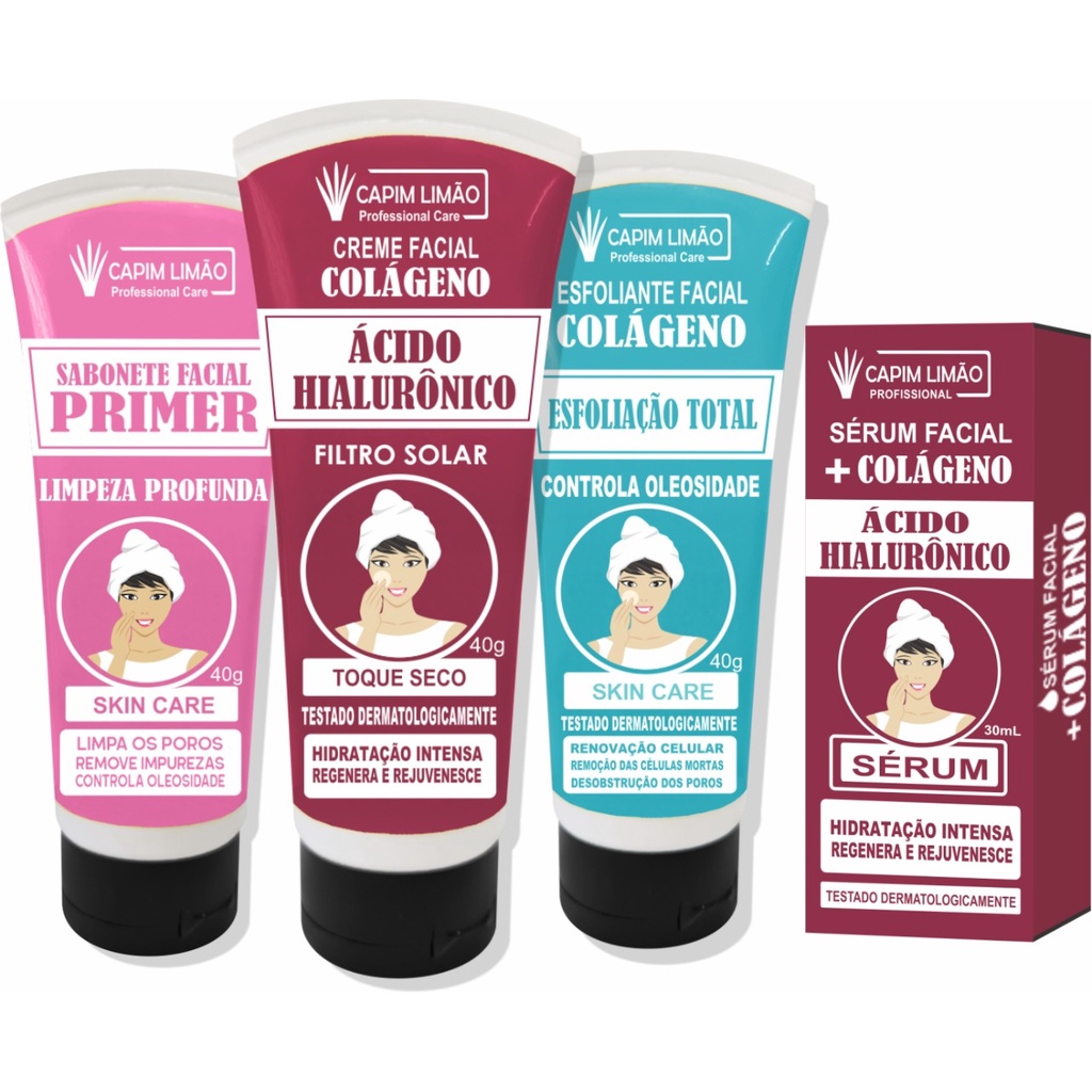 Kit Ácido Hialurônico Capim Limão Filtro Solar Skin Care Sabonete Primer Creme Protetor Hidratante Facial Colágeno Esfoliante Controla Oleosidade Sérum