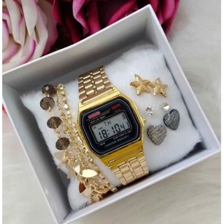 kit Relógio Digital Led Casio WR estilo Retro Vintage casual Sports Watch + Pulseira luxo + Brincos 18k