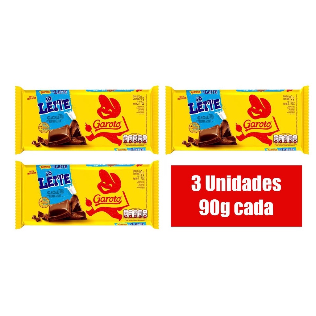Barra Chocolate Garoto ao Leite 90g KIT com 3 unidades Shopee Brasil