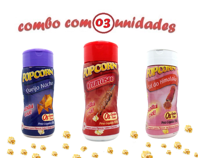 Combo Popcorn - 03 Sabores - Churrasco, Queijo Nacho e Sal do Himalaia