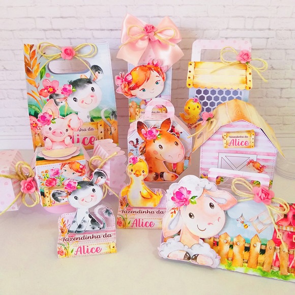 kit festa infantil lembrancinha para aniversário Caixinhas Personalizadas Fazendinha Menina