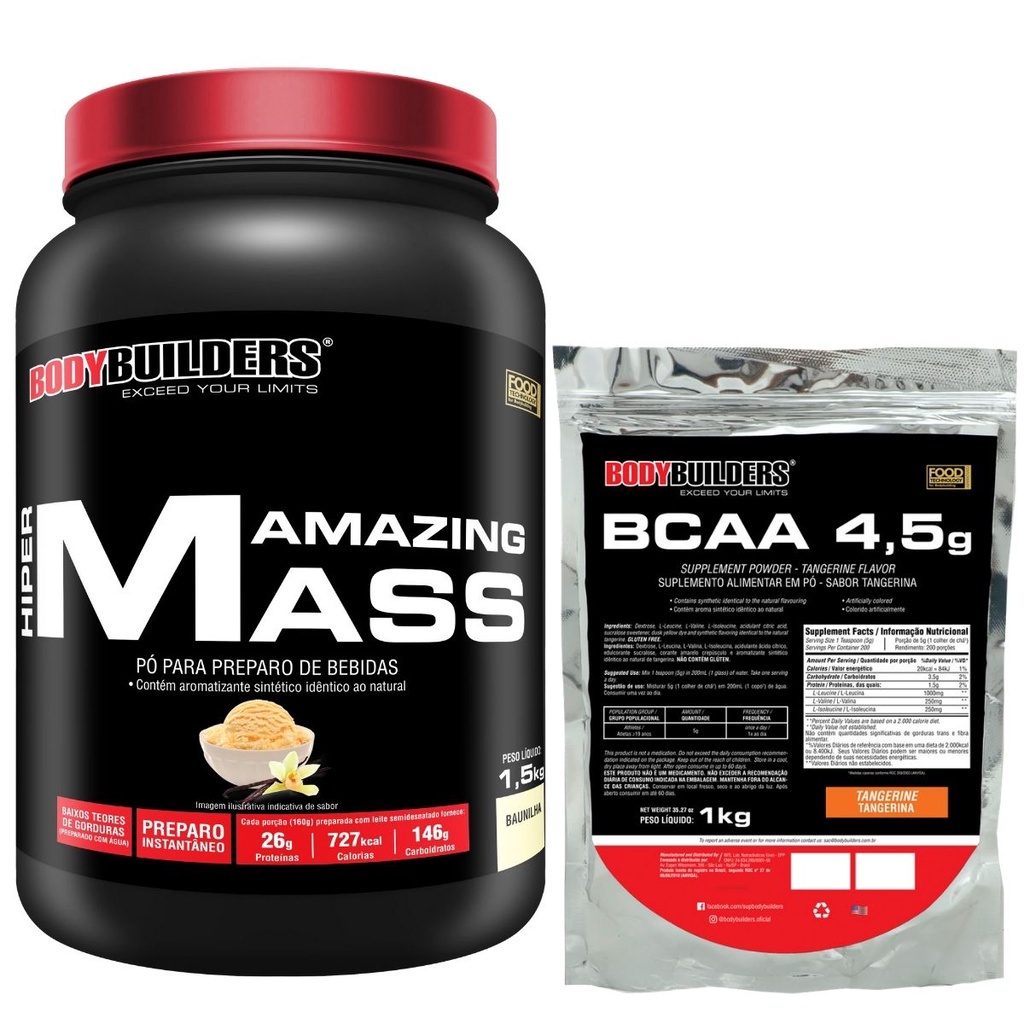 Kit Amazing Mass 1,5 kg + BCAA 4.5 1kg - Ganho de Massa e Força - Bodybuilders