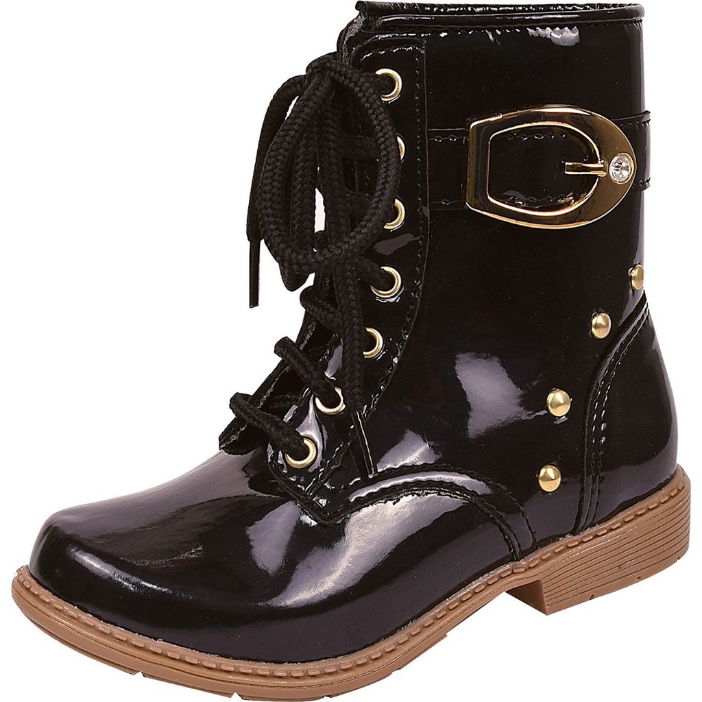 Bota Coturno Infantil Menina Cadarço Fivela Preta Verniz