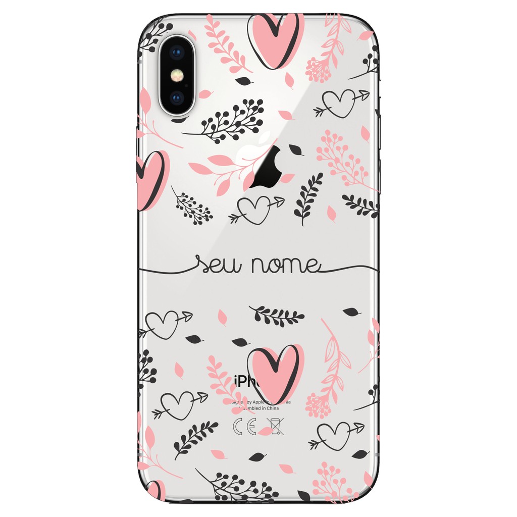 Capinha Anti Impacto Personalizada iPhone X / Xs  - Coração rose e flores com nome