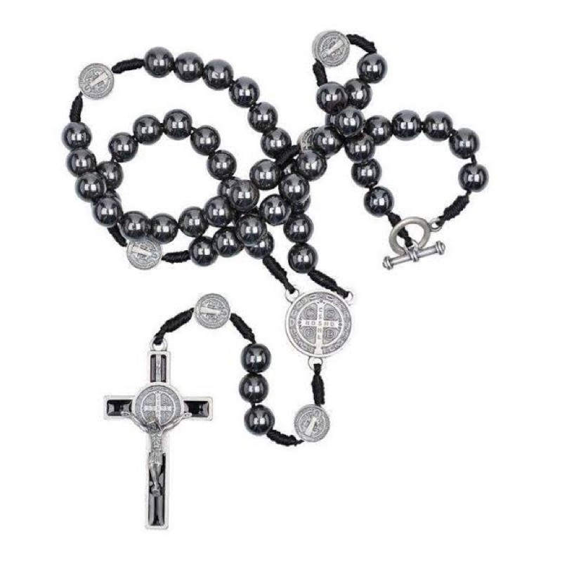 Colar Terço Para Pescoço São Bento em Pedra de Hematita com fecho
