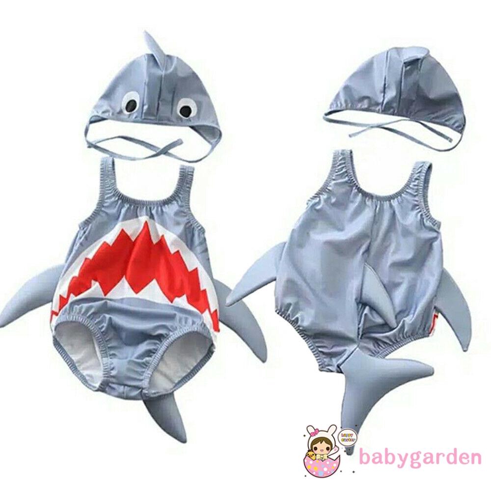 Fato De Banho Infantil Para Meninos/Meninas De 1 A 6 Anos , Macacão + Chapéu , Padrão De Tubarão De Desenho Animado , Gola Redonda Sem Mangas , 2 Peças , Roupa Esportiva Casual De Praia