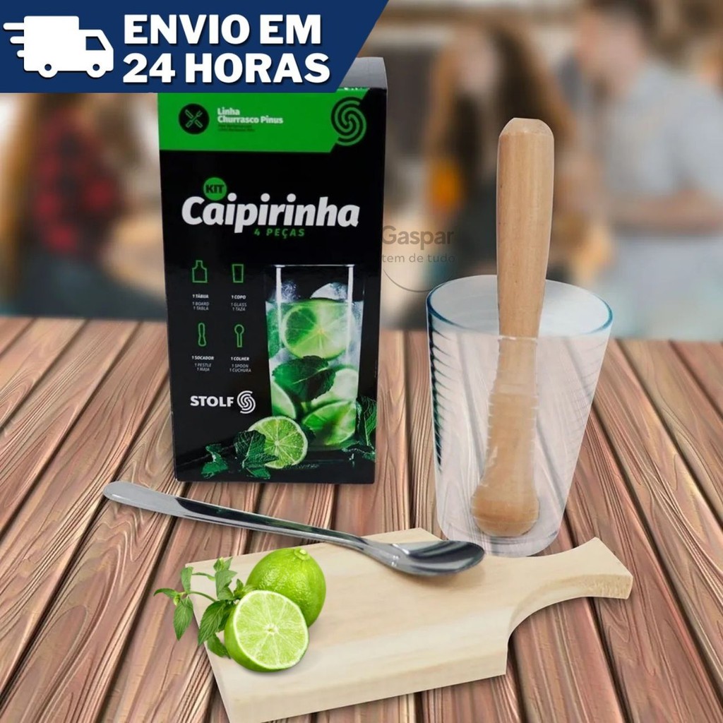 Kit Bar Caipirinha Completo Tabua de Madeira + Copo com Colher Inox + Socador de Madeira