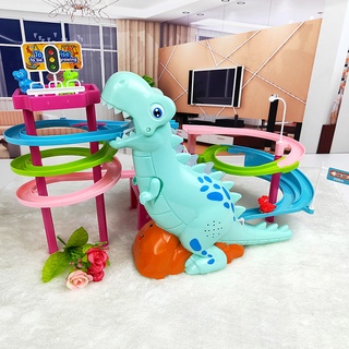 Dinossauro elétrico trilho de brinquedo com música leve e escadas dinossauros brinquedos interativos para crianças