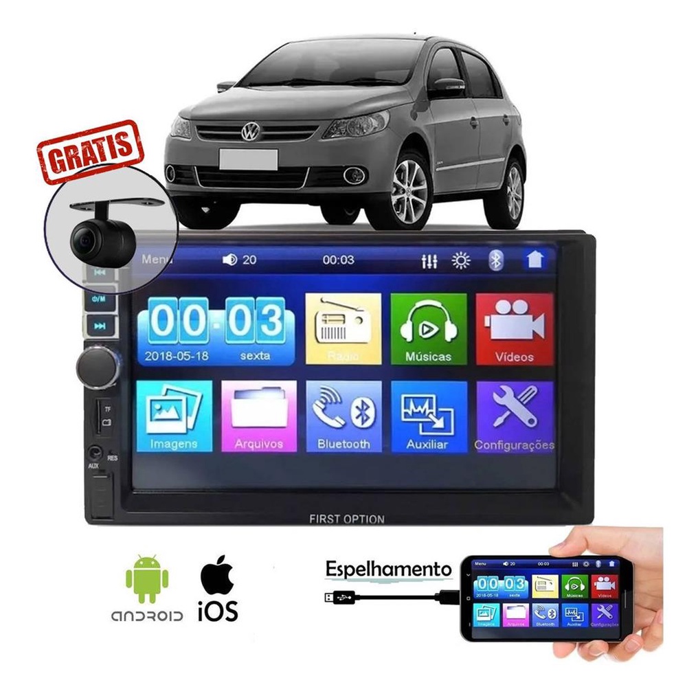 Kit Central Multimídia Moldura Mp5 VW Gol G5 2009 2010 2011 2012 Bluetooth Espelhamento + Câmera de Re