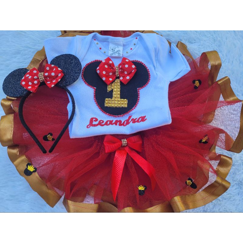 Fantasia infantil personalizada da minie realeza vermelha e dourado Mesversario/aniversario