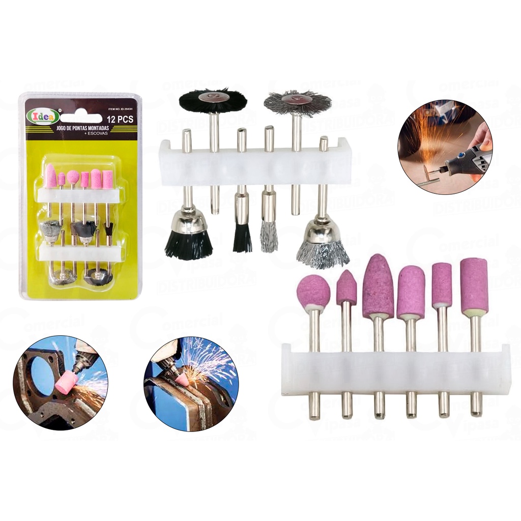Kit Jogo De Pontas Montadas Com Escovas 12 Pçs 1/8Pol. Para Micro Retífica Profissional