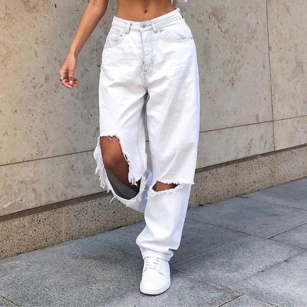 Calça Jeans Wide Leg Off White Destroyed Rasgada - Corre Que Ta Baratinho