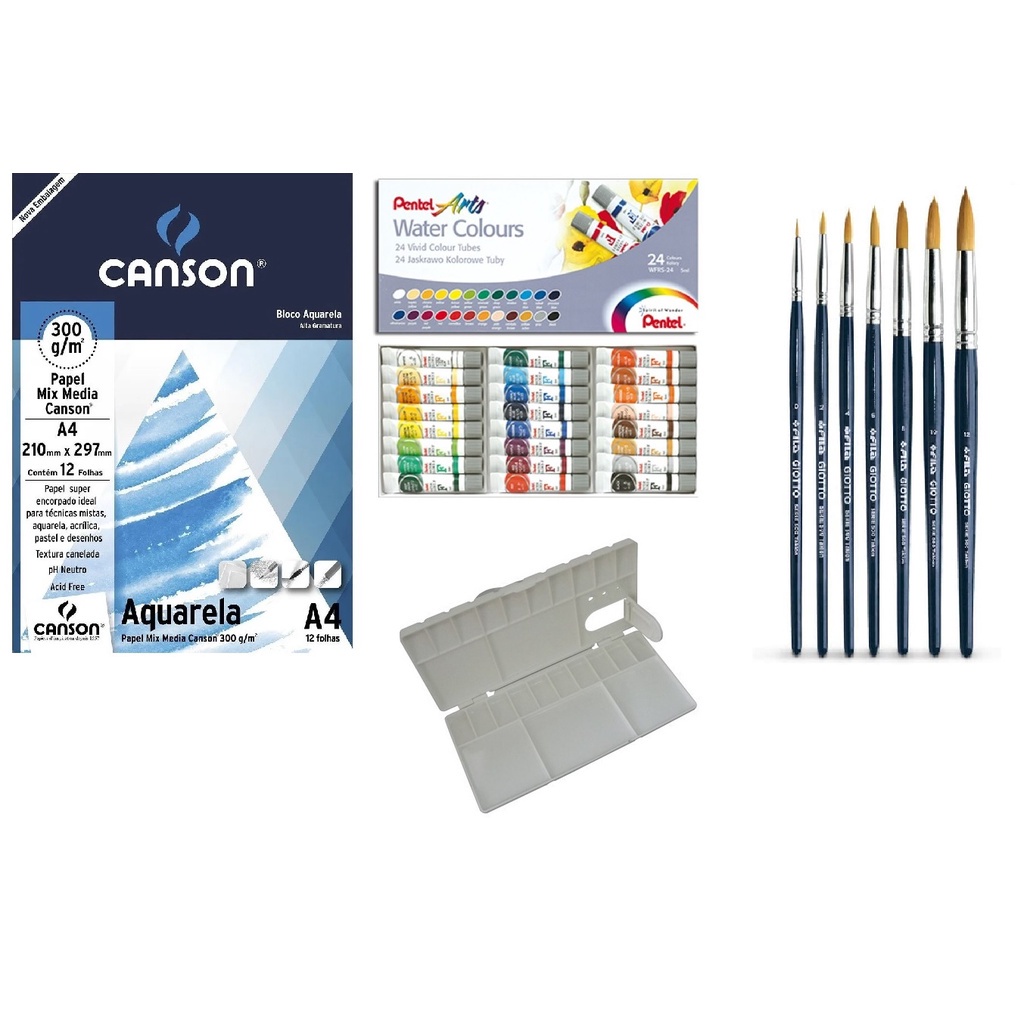Kit Papel Canson Aquarela+Aquarela Pentel 24 WFRS +Godê+Kit Pinceis Taklon
