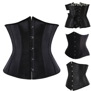 SUPJAN Women Vintage Style Sexy Satin Underbust Corset Waist Cincher Belt Solid Color Boned Black Body Shaper Bustier Top