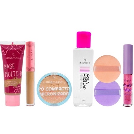 Kit Maquiagem Mia Make Pó Compacto Base Facial Esponja Gloss Labial