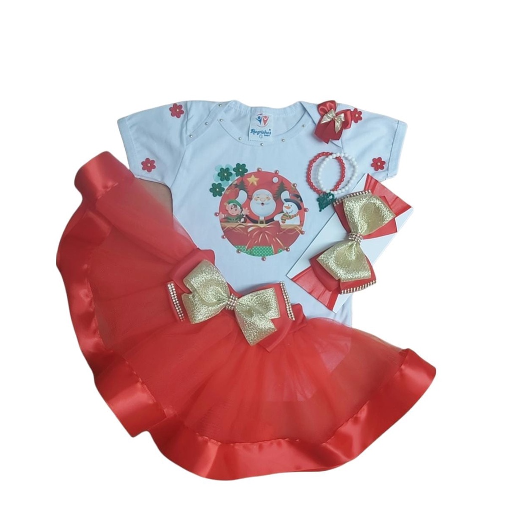 Kit Conjunto Natalino Infantil Bebê Menina Saia + Body + Laço De Natal Roupa Festa
