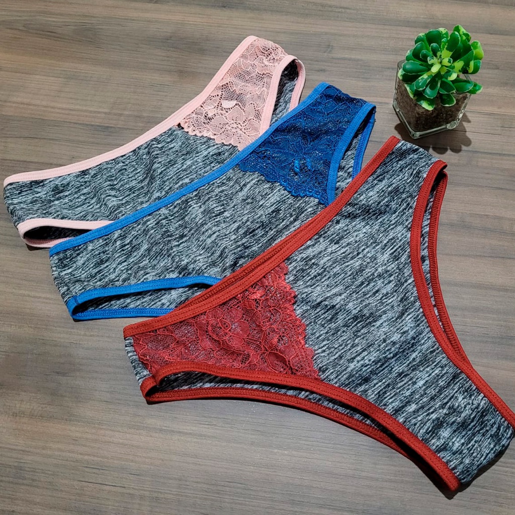 Kit 3 Calcinha Feminina Conforto Ramantic Mescla Com Renda na Lateral