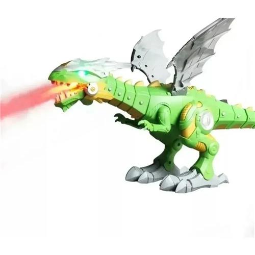 Dinossauro Robô a pilha Solta Fumaça Com Luz e Som (Verde)