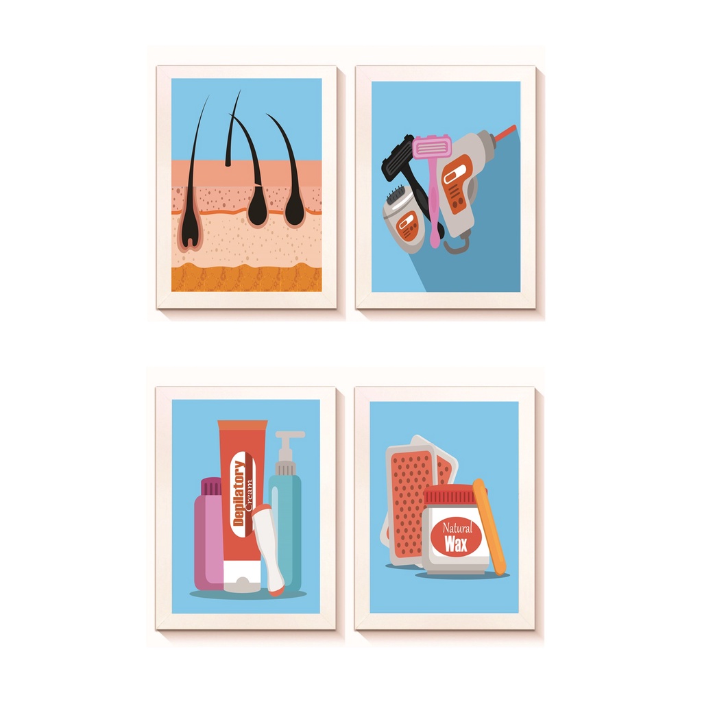 Kit 4 Quadros Decorativos Depilação Decoração Clínica de Estética Beleza  Estúdio Molduras 20x30cm Madeira