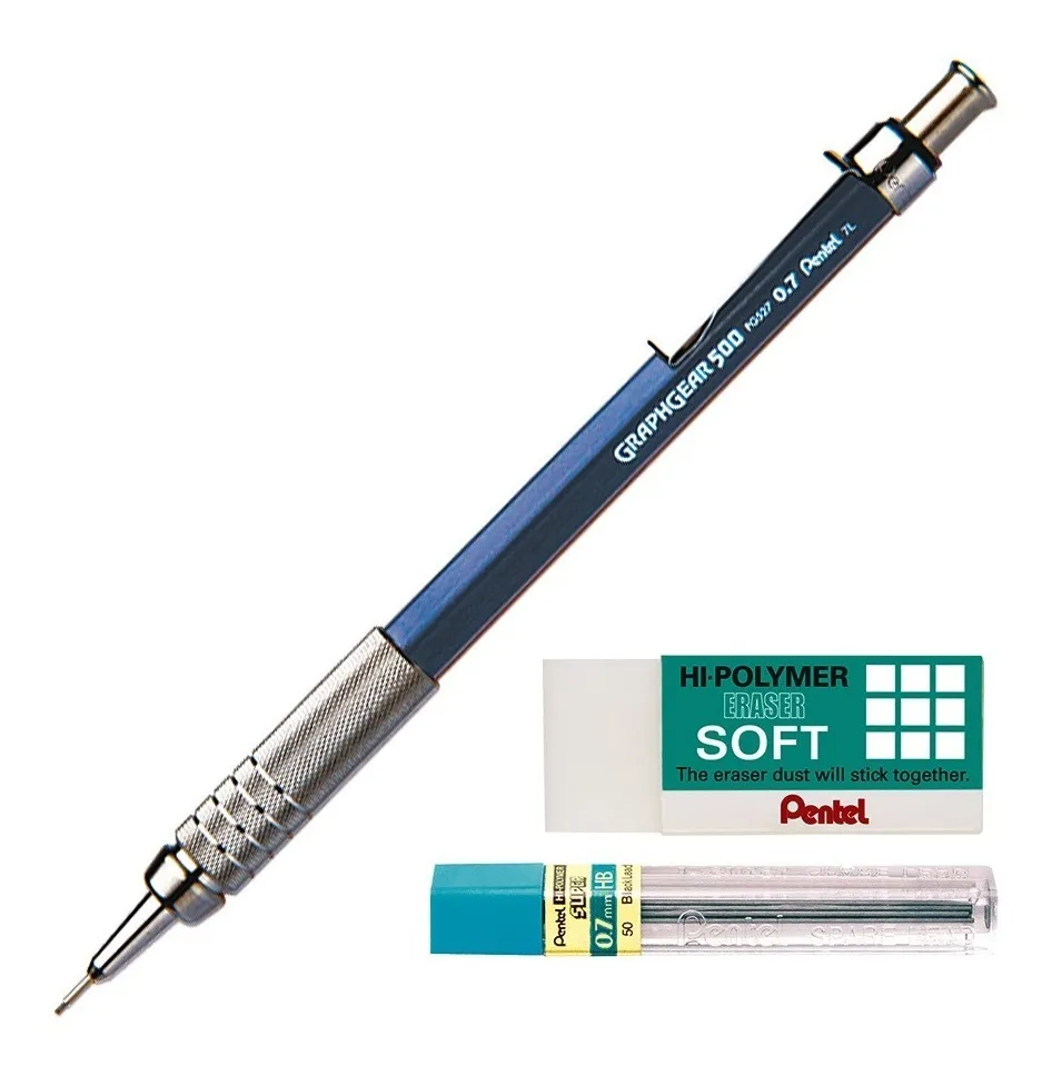 Kit Lapiseira Pentel Graphgear 500 0,7mm Grafite Borracha em Oferta na Shopee
