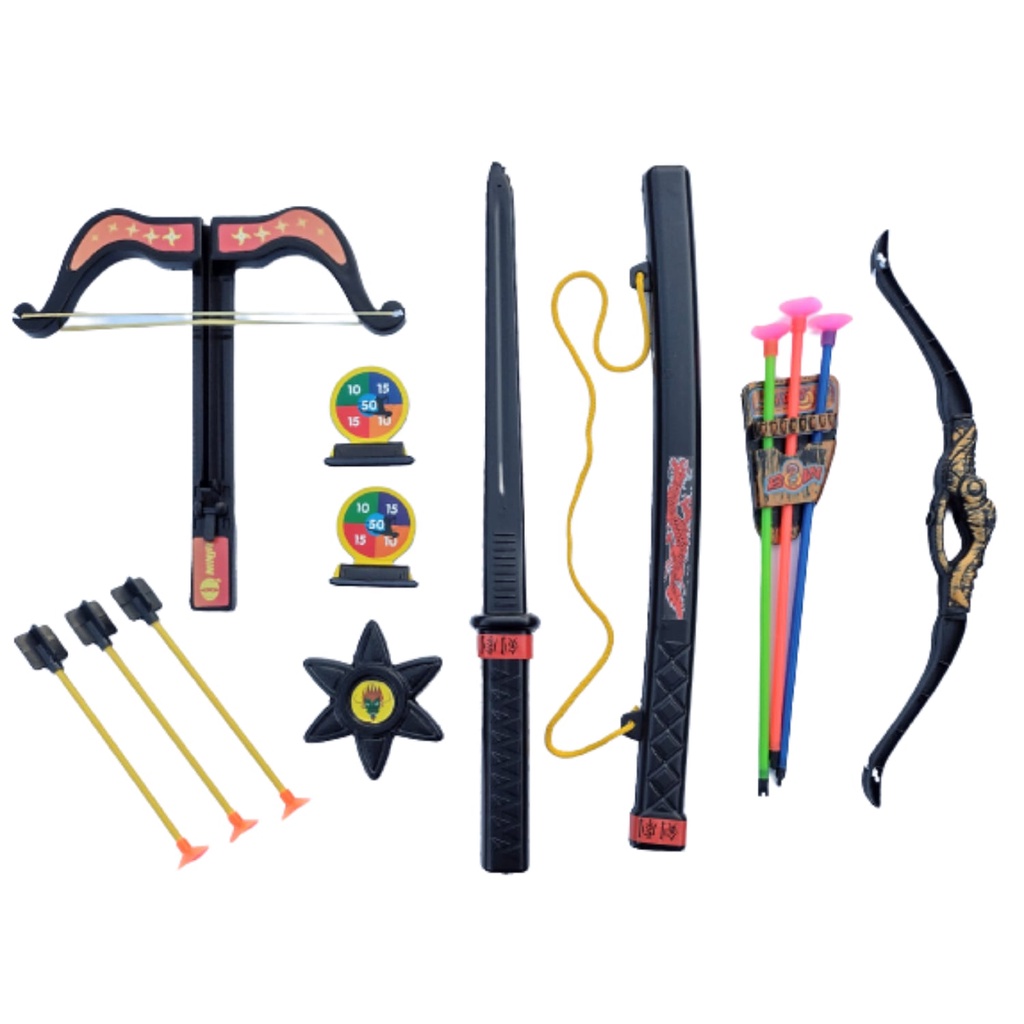Kit Brinquedo Super Ninja Espada Com Bainha + Arco E Flexa + Balestra + Estrela Ninja + Alvos em Oferta na Shopee