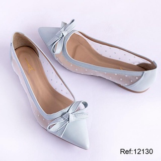 Sapato Sapatilha Rasteira Bico Fino Feminina NOBUCK AZUL / NAPA TELA ACQUA Poá conforto