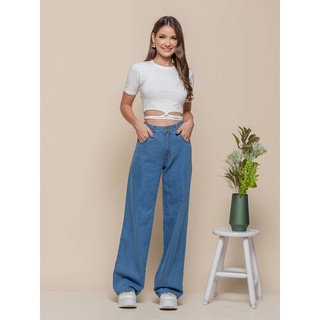 feminina Calça Jeans fabrica Wide Leg Pantalona Cintura Alta Moda Atual
