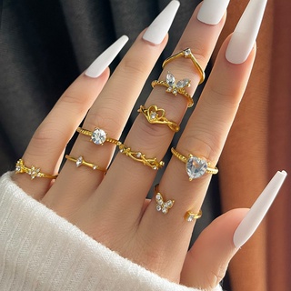 9 Pçs Conjunto De Anéis Femininos De Coração Com Borboletas De Cristal Vintage Para Mulheres/Jóia De Casamento