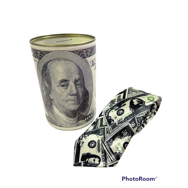 1 cofre dolar lata pequeno + 1 gravata dólar brinde 2 cartelas de adesivo