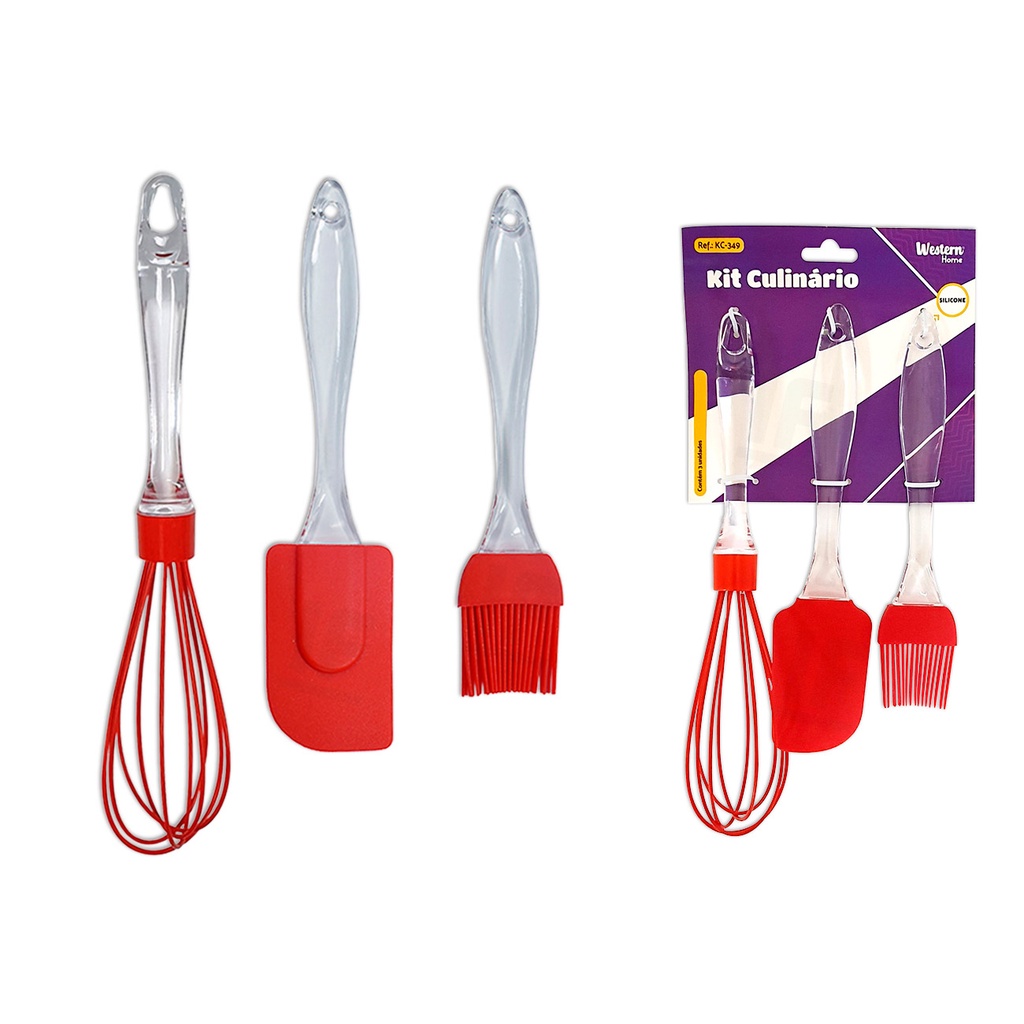 Kit Culinário 3 Peças Espátula Pincel Batedor Silicone Red - Home & Living