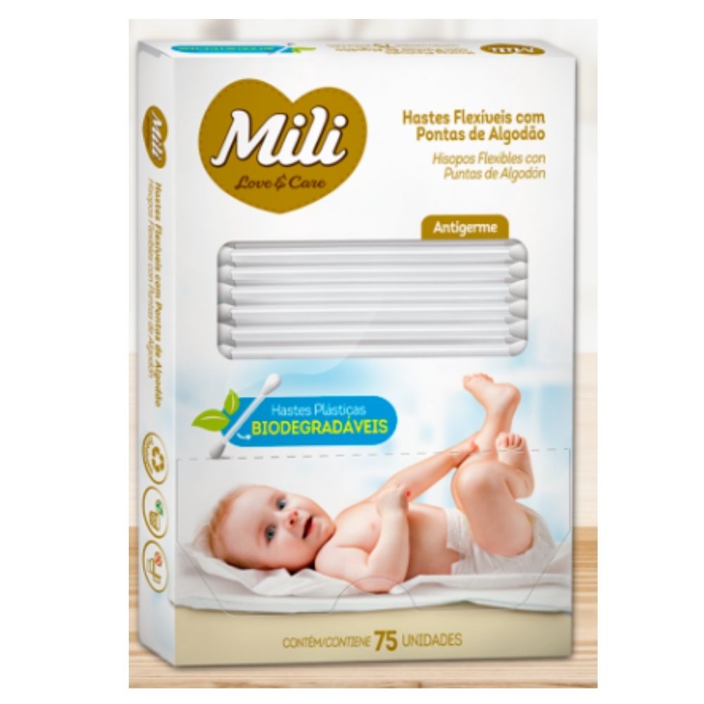 Detalhes do Cotonete Hastes Flexiveis 3 caixas c/ 75 unidades Biodegradável - MILI   (total: 225 hastes)