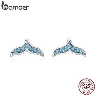 Bamoer Brincos De Tarraxa De Prata Esterlina 925 Com Zircônia Azul Sereia/Rabo De Peixe BSE058