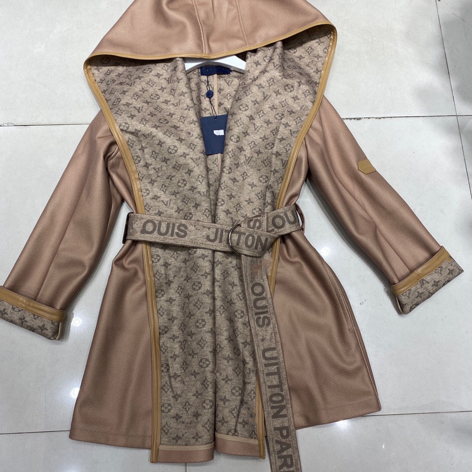 LOUIS VUITTON Luis 2021 Casaco De Lã Com Capuz Dupla Face Cinto Para Mulheres