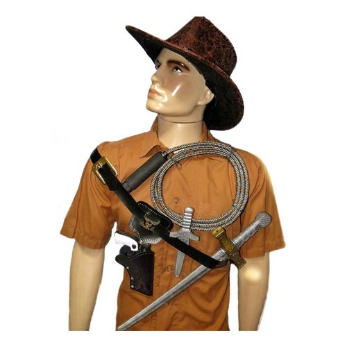 Fantasia Indiana Jones Chapeu Chicote Cinto Arma Coldre Facão Binoculo Faca