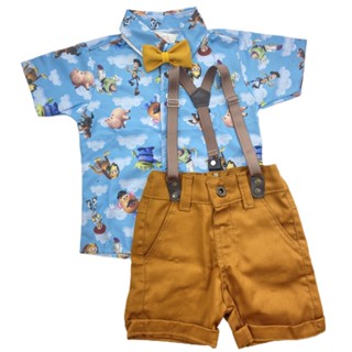 CONJUNTO TOY STORY temático roupa para menino infantil festa Camisa Gravata Bermuda e Suspensório em Oferta na Shopee