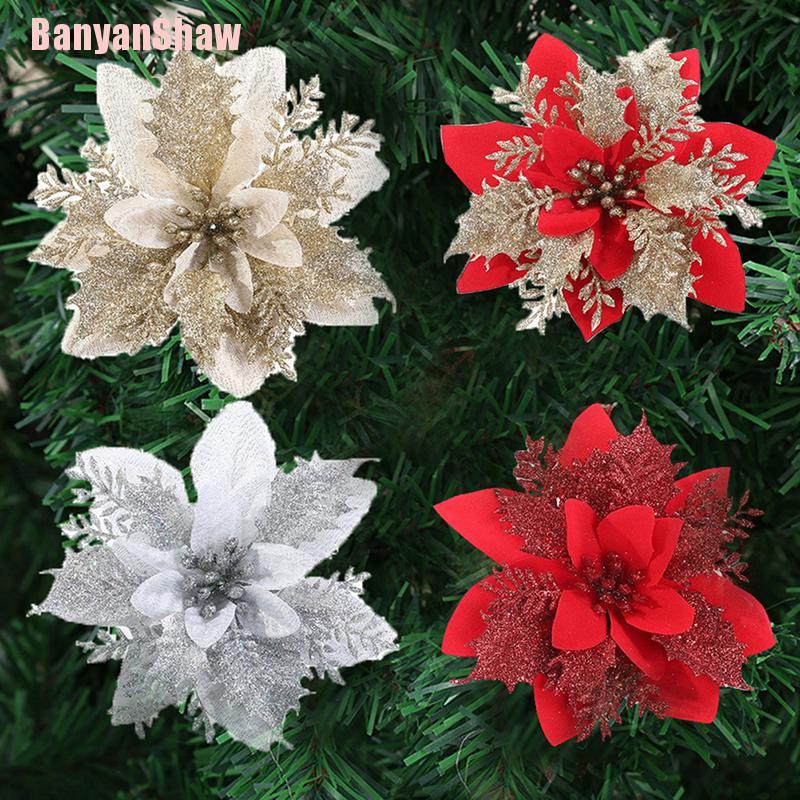 Banyanshaw Flores Artificiais De Natal Com Glitter / Flores Falsas / Feliz  Natal / Decoração De Árvore Ihi | Shopee Brasil