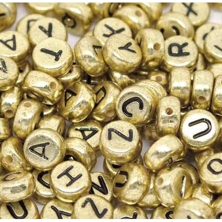 10 Peças de Miçanga Infantil Alfabeto N - Z Dourado Letra Preto Entremeio Redondo 7mm Furo Passante Para Pulseira