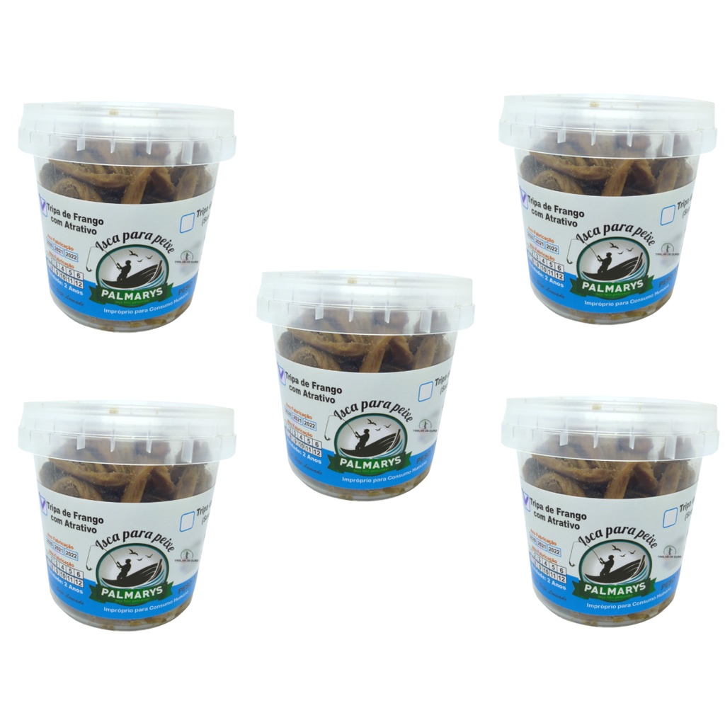 Kit 05 Isca Tripa de Frango Desidratada  com Atrativo 130g cada para Pesca - Palmarys
