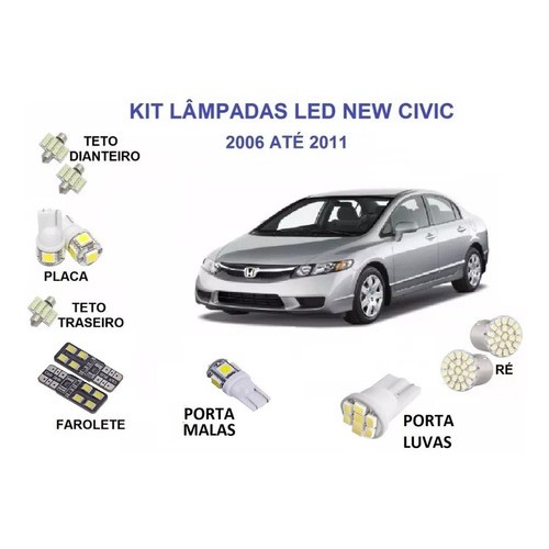 Lampada de Led Kit Honda New Civic 06 07 08 09 10 11 Teto Placa Re Pingo Farolete Branca 12v