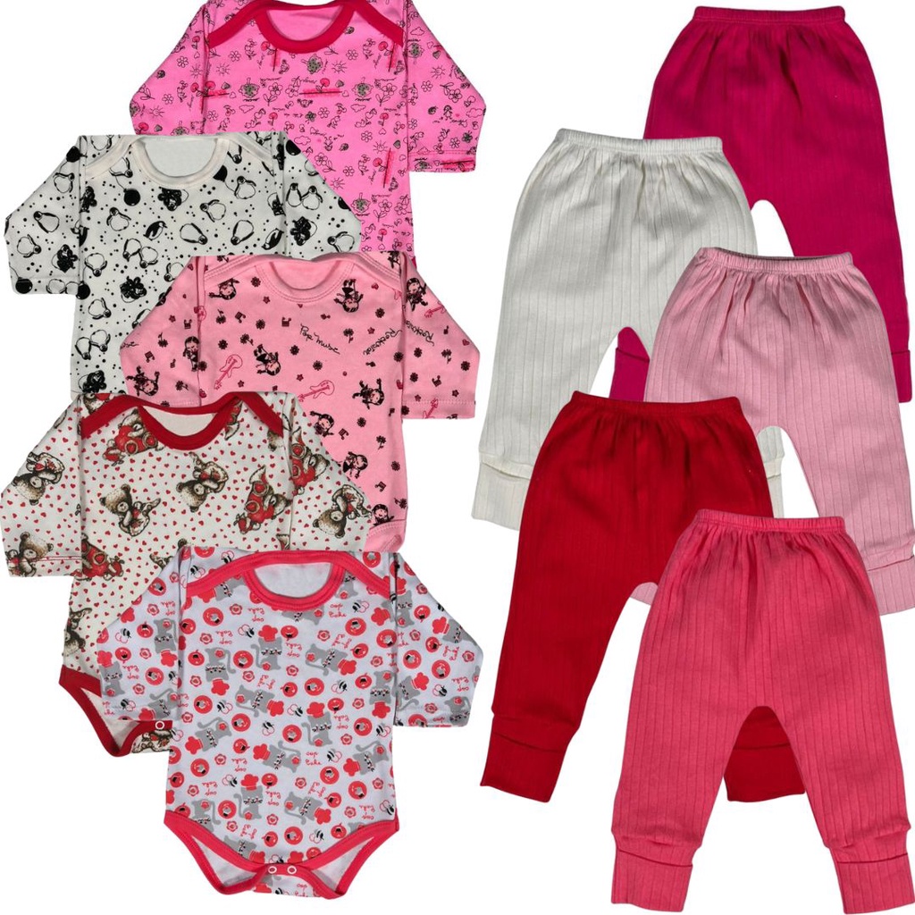 Kit 10 Pçs Body M/Longa Estampado E Mijão Liso Suedine Menina Vira Pé